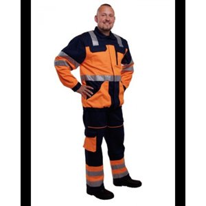 Kalhoty pán. prac. pas, 8732,reflex,stehenní kapsa,pruženka, BA 245, VS182, tm.modré/sign.oranžová