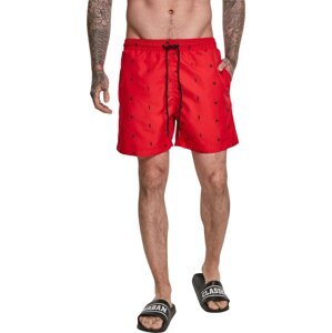 Šmrncovní pánské plavky šortky s vyšíváním Urban Classics Barva: červené s lístkama, Velikost: XL