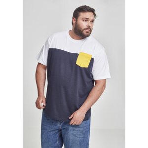 Trojbarevné prodloužené tričko Urban Classics s kapsičkou Barva: modrá námořní - bílá - žlutá, Velikost: 3XL